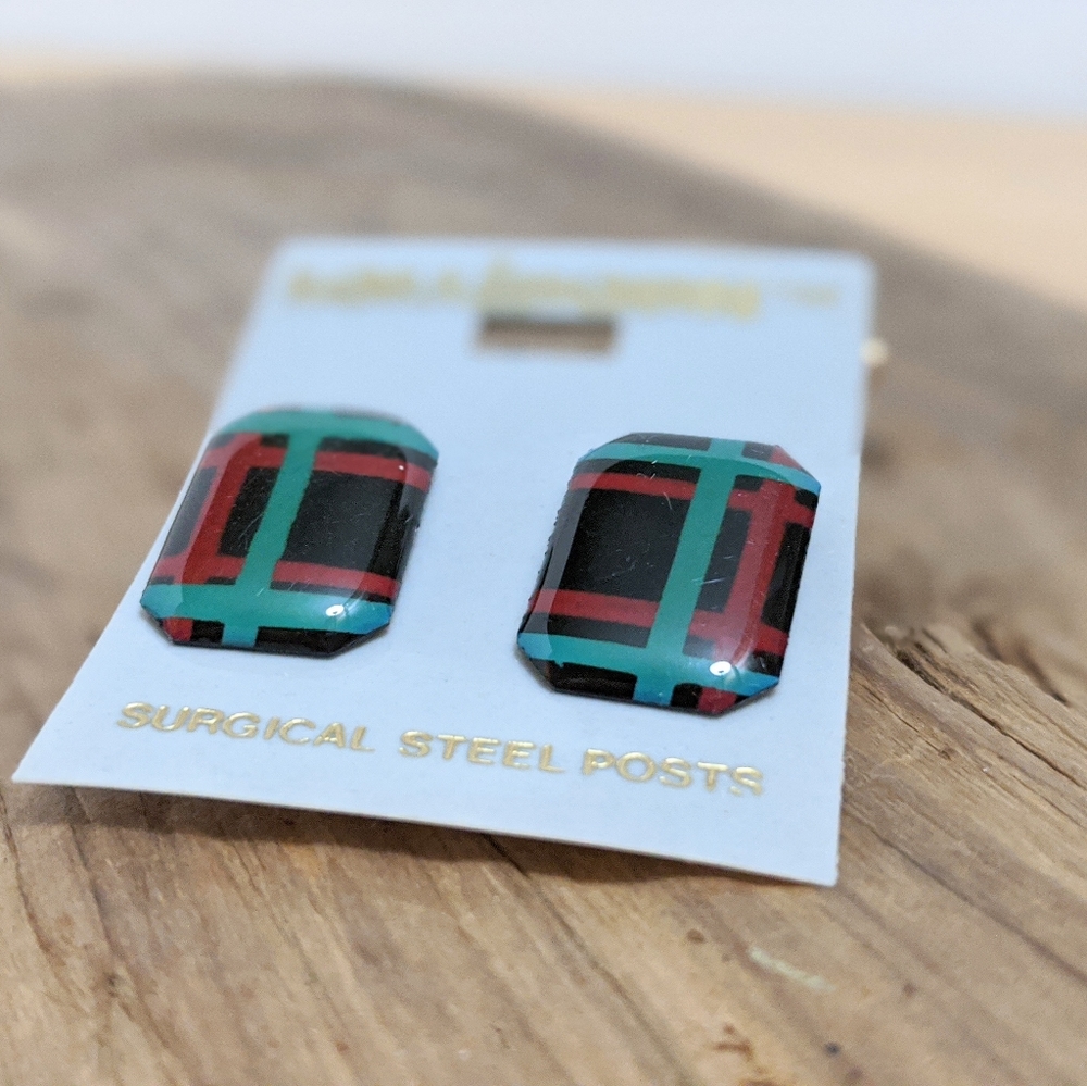 Lollipops Red Green Black Plaid Earrings Vintage